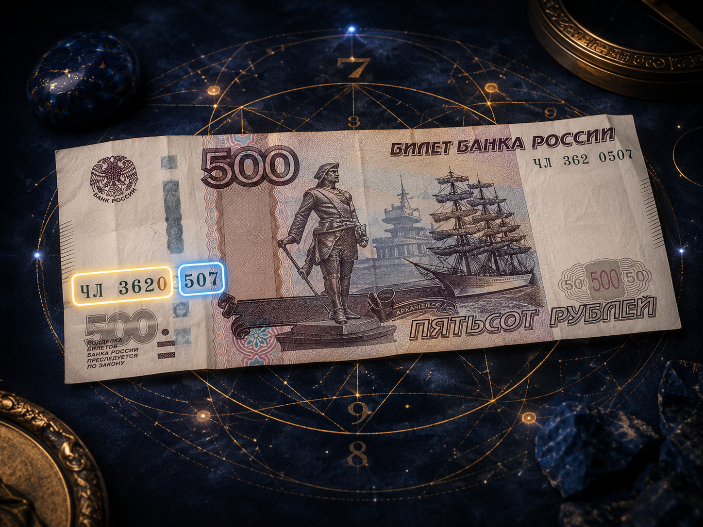 Купюра 500 рублей с выделенным Денежным кодом и Кодом удачи